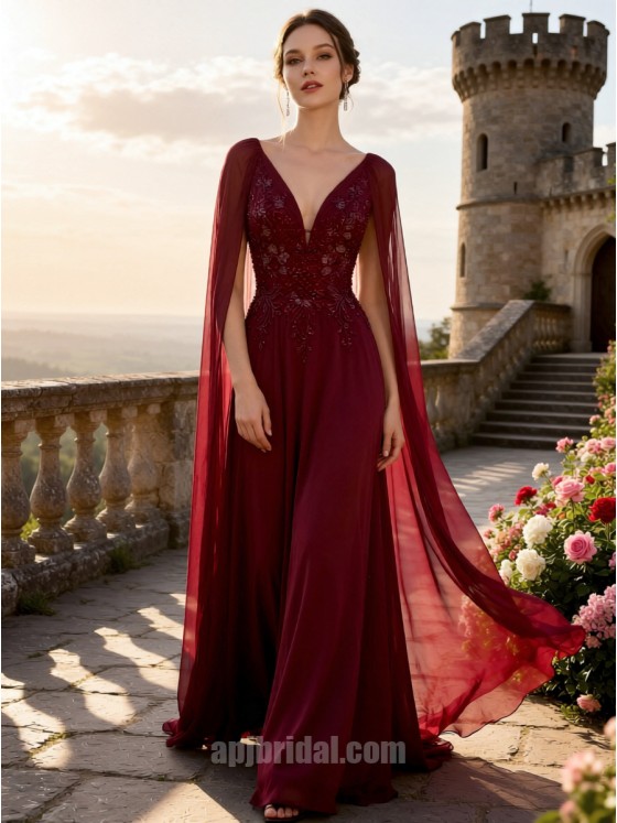 Burgundy Plunging V-Neck Embroidered Cape-Sleeve Flowing Chiffon A-Line Gown