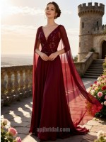 Burgundy Plunging V-Neck Embroidered Cape-Sleeve Flowing Chiffon A-Line Gown