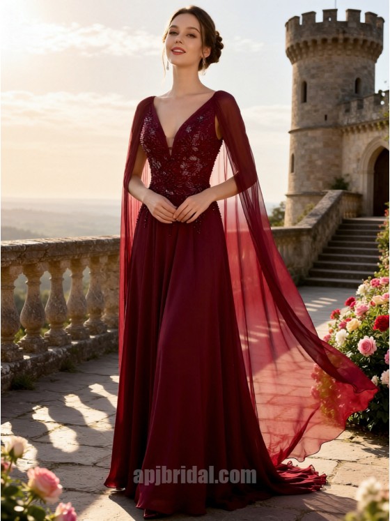 Burgundy Plunging V-Neck Embroidered Cape-Sleeve Flowing Chiffon A-Line Gown
