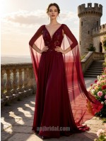 Burgundy Plunging V-Neck Embroidered Cape-Sleeve Flowing Chiffon A-Line Gown