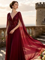 Burgundy Plunging V-Neck Embroidered Cape-Sleeve Flowing Chiffon A-Line Gown