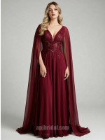 Burgundy Plunging V-Neck Embroidered Cape-Sleeve Flowing Chiffon A-Line Gown