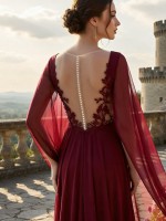 Burgundy Plunging V-Neck Embroidered Cape-Sleeve Flowing Chiffon A-Line Gown