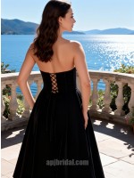 Elegant Black Velvet Strapless Sweetheart A-Line Tea Length Cocktail Dress – Vintage Corset Evening Gown for Women