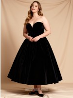 Elegant Black Velvet Strapless Sweetheart A-Line Tea Length Cocktail Dress – Vintage Corset Evening Gown for Women