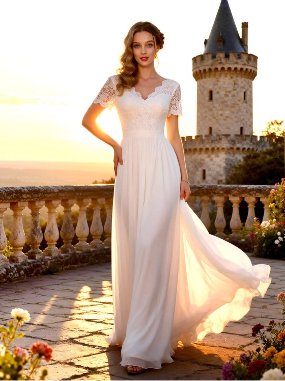 Boho Lace V-Neck A-Line Bridal Gown - APJ Collection