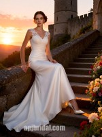 Elegant V-Neck Satin Sheath Wedding Dress with Lace Appliqués and Court Train