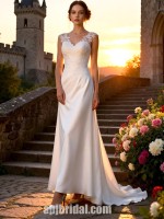 Elegant V-Neck Satin Sheath Wedding Dress with Lace Appliqués and Court Train