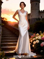 Elegant V-Neck Satin Sheath Wedding Dress with Lace Appliqués and Court Train