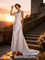 Elegant V-Neck Satin Sheath Wedding Dress with Lace Appliqués and Court Train