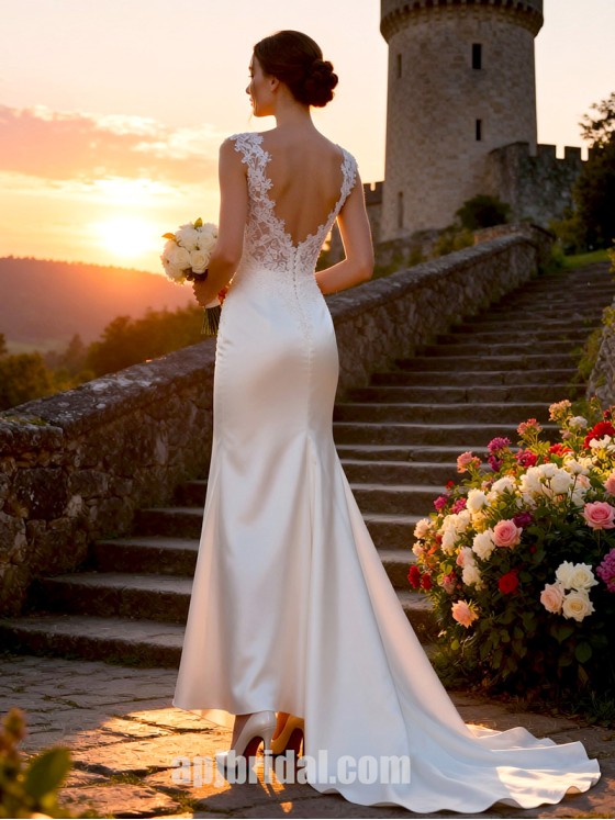 Elegant V-Neck Satin Sheath Wedding Dress with Lace Appliqués and Court Train