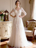 Timeless V-Neck A-Line Wedding Dress with 3/4 Lace Sleeves and Tulle Skirt