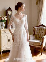 Timeless V-Neck A-Line Wedding Dress with 3/4 Lace Sleeves and Tulle Skirt