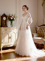 Timeless V-Neck A-Line Wedding Dress with 3/4 Lace Sleeves and Tulle Skirt