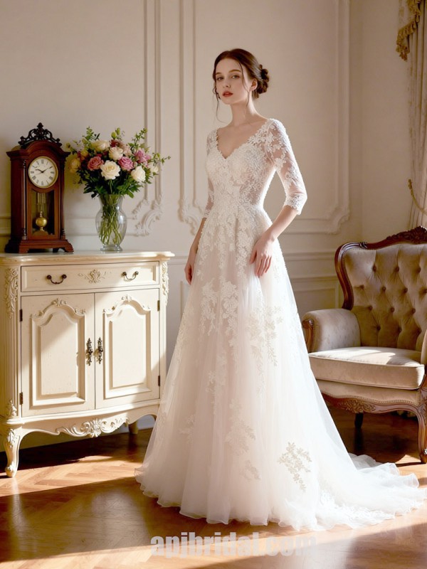 Classic V-Neck A-Line Wedding Dress with 3/4 Lace Sleeves