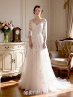 Timeless V-Neck A-Line Wedding Dress with 3/4 Lace Sleeves and Tulle Skirt