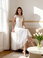 Chic Tea-Length Chiffon Wedding Dress with Lace Cap Sleeves and Illusion Neckline