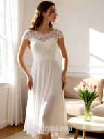 Chic Tea-Length Chiffon Wedding Dress with Lace Cap Sleeves and Illusion Neckline