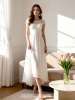 Chic Tea-Length Chiffon Wedding Dress with Lace Cap Sleeves and Illusion Neckline