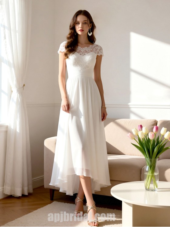 Chic Tea-Length Chiffon Wedding Dress with Lace Cap Sleeves and Illusion Neckline