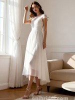 Chic Tea-Length Chiffon Wedding Dress with Lace Cap Sleeves and Illusion Neckline