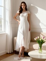 Chic Tea-Length Chiffon Wedding Dress with Lace Cap Sleeves and Illusion Neckline