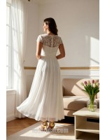 Chic Tea-Length Chiffon Wedding Dress with Lace Cap Sleeves and Illusion Neckline