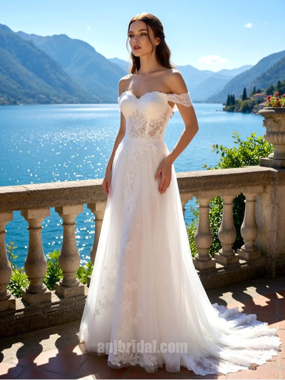Sweetheart Neckline Lace Bridal Gown with Off-the-Shoulder Sleeves