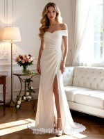 Modern Off-the-Shoulder Ruched Satin Wedding Dress with High Slit