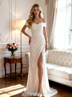 Modern Off-the-Shoulder Ruched Satin Wedding Dress with High Slit