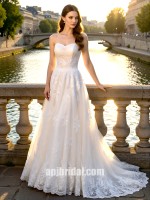 trapless Sweetheart Neckline Lace Bridal Gown with Cathedral Train