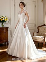 Vintage High Neck Lace Bodice Satin Ball Gown Wedding Dress