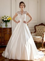 Vintage High Neck Lace Bodice Satin Ball Gown Wedding Dress