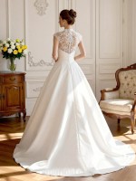 Vintage High Neck Lace Bodice Satin Ball Gown Wedding Dress