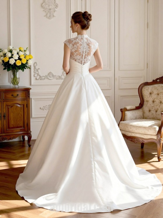 Vintage High Neck Lace Bodice Satin Ball Gown Wedding Dress