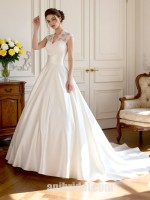 Vintage High Neck Lace Bodice Satin Ball Gown Wedding Dress