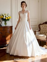 Vintage High Neck Lace Bodice Satin Ball Gown Wedding Dress