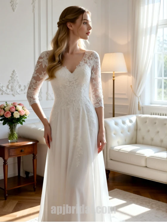 Elegant Floor-Length Wedding Dress with Lace Bodice and Ethereal Tulle Skirt