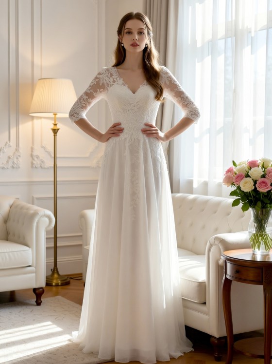 Elegant Floor-Length Wedding Dress with Lace Bodice and Ethereal Tulle Skirt