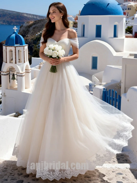 Romantic Off-the-Shoulder Tulle Wedding Dress: Sweetheart Lace Hem A-Line Gown