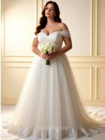 Romantic Off-the-Shoulder Tulle Wedding Dress: Sweetheart Lace Hem A-Line Gown