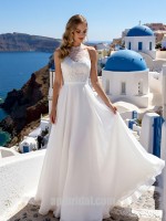 White Halter Lace Patchwork A-Line Floor-Length Chiffon Destination Wedding Dress