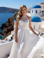 White Halter Lace Patchwork A-Line Floor-Length Chiffon Destination Wedding Dress