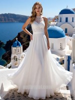 White Halter Lace Patchwork A-Line Floor-Length Chiffon Destination Wedding Dress