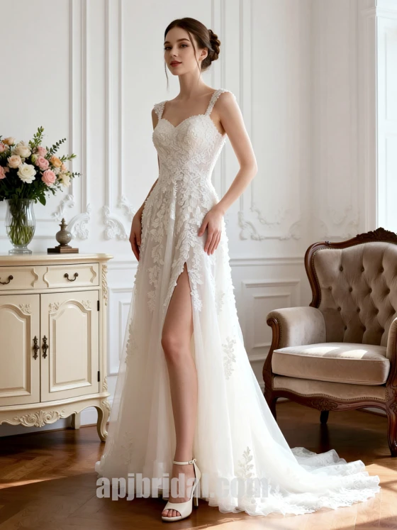 White Spaghetti Strap Sweetheart Lace Appliqué Heavy-Work High-Slit Wedding Gown with Train