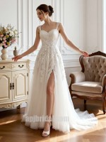 White Spaghetti Strap Sweetheart Lace Appliqué Heavy-Work High-Slit Wedding Gown with Train