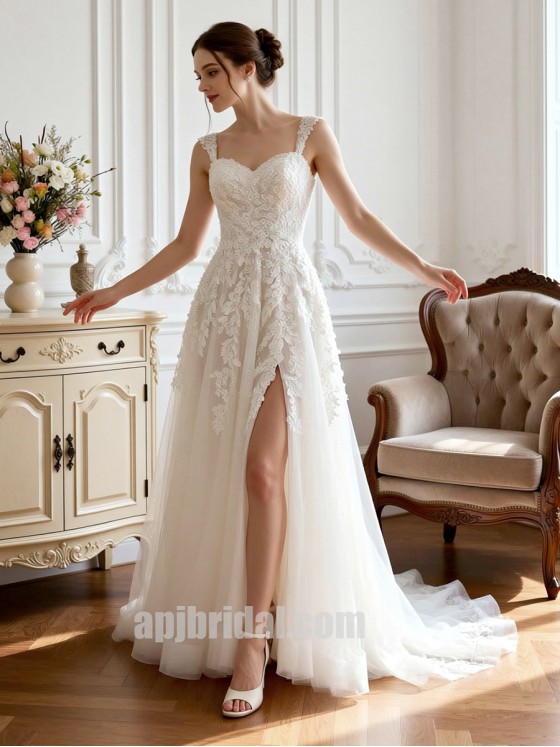 White Spaghetti Strap Sweetheart Lace Appliqué Heavy-Work High-Slit Wedding Gown with Train