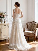 White Spaghetti Strap Sweetheart Lace Appliqué Heavy-Work High-Slit Wedding Gown with Train