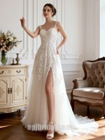 White Spaghetti Strap Sweetheart Lace Appliqué Heavy-Work High-Slit Wedding Gown with Train