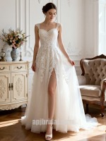 White Spaghetti Strap Sweetheart Lace Appliqué Heavy-Work High-Slit Wedding Gown with Train